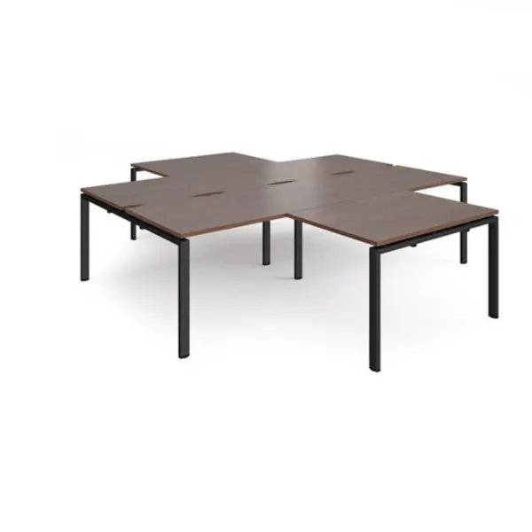Image of Adapt Bench Desk 4 Person With Return Desks 2800mm Walnut Tops With Black Frames Adapt Walnut ER28168-K-W