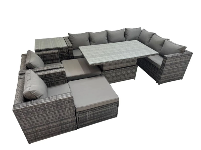 Image of Fimous 10 Seater Rattan Corner Sofa Sets with 2 Chairs 2 Big Stool Side Table in Dark Grey Dark Grey Unisex