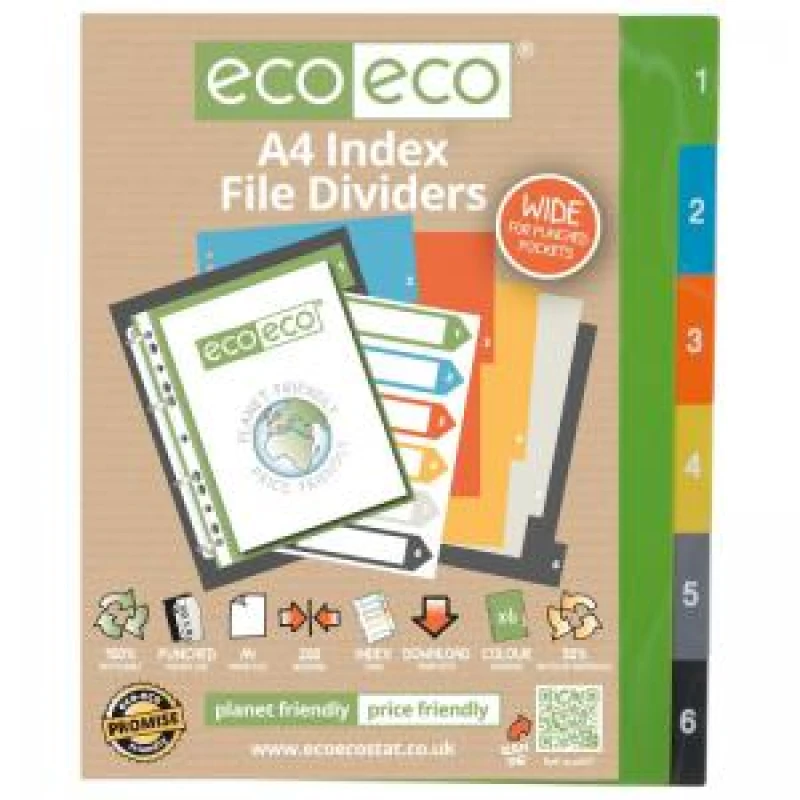 Image of Eco Eco Multicolour 50% Recycled Wide Index Dividers A4 1-6 eco027-S