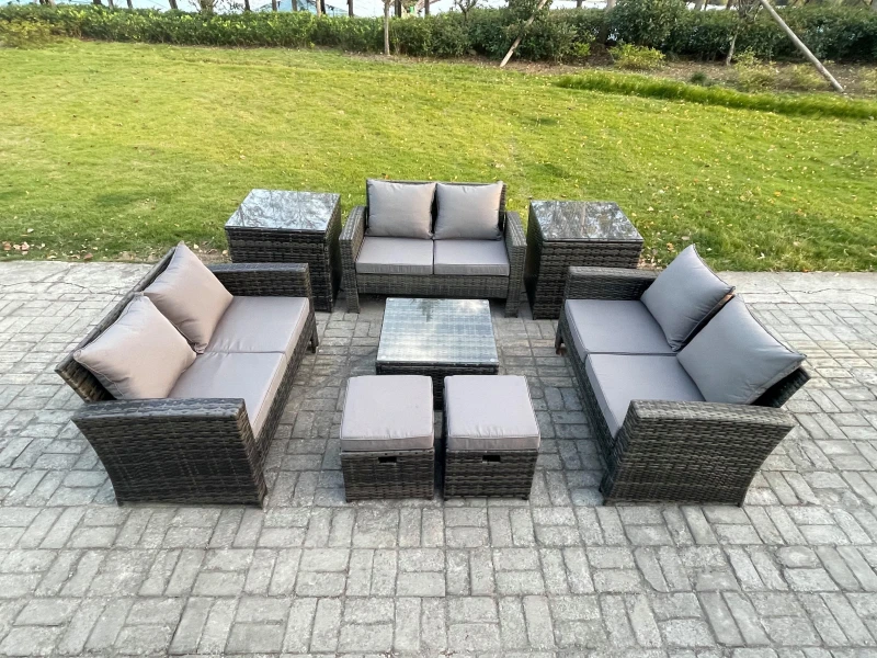 Image of Fimous Outdoor Lounge Sofa Set Wicker PE Rattan Garden Furniture Set with Square Coffee Table Double Seat Sofa 2 Small Footstools in Dark Grey Dark Gr