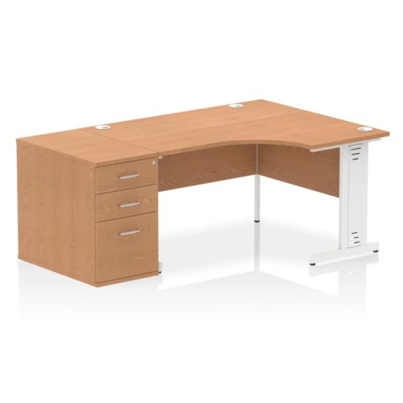 Image of Impulse Impulse 1400mm Right Crescent Office Desk Oak Top White Cable Managed Leg Workstation 800 Deep Desk High Pedestal IWSRW148WOAK