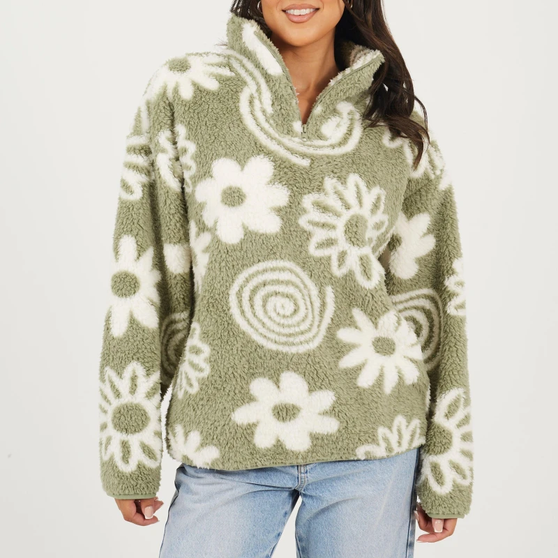 Image of Brave Soul Womens Flower Print High Neck Fleece Sweatshirt Sage Green/Crm female 8 (XS)