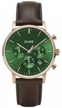 Image of CLUSE Aravis Chrono Brown Leather Strap Green Dial Watch