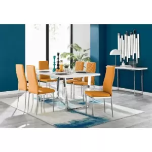 Image of Kylo White High Gloss Dining Table & 6 Mustard Milan Chrome Leg Chairs - Mustard Yellow