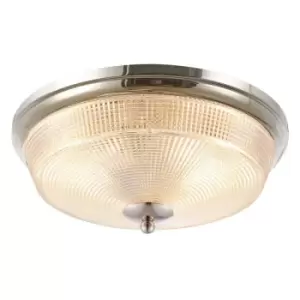 Image of Luminosa Armure 2 Light E27 Flush Ceiling Lamp, IP44, Polished Nickel, Prismatic Glass