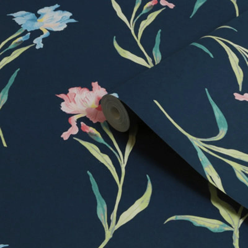 Image of Laura Ashley Botanical Diary Midnight Seaspray Hawling Irises Smooth Wallpaper
