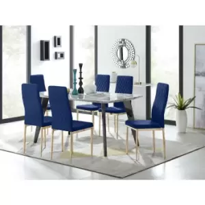 Image of Furniturebox UK - Furniturebox Andria Black Leg Marble Effect Dining Table and 6 Navy Velvet Milan Dining Chairs With Gold Legs