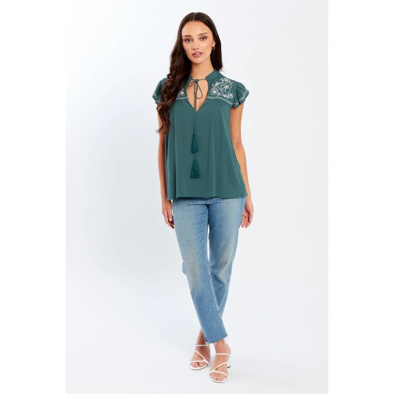 Image of Be You Embroidered Crinkle Blouse Womens - Green Green 8
