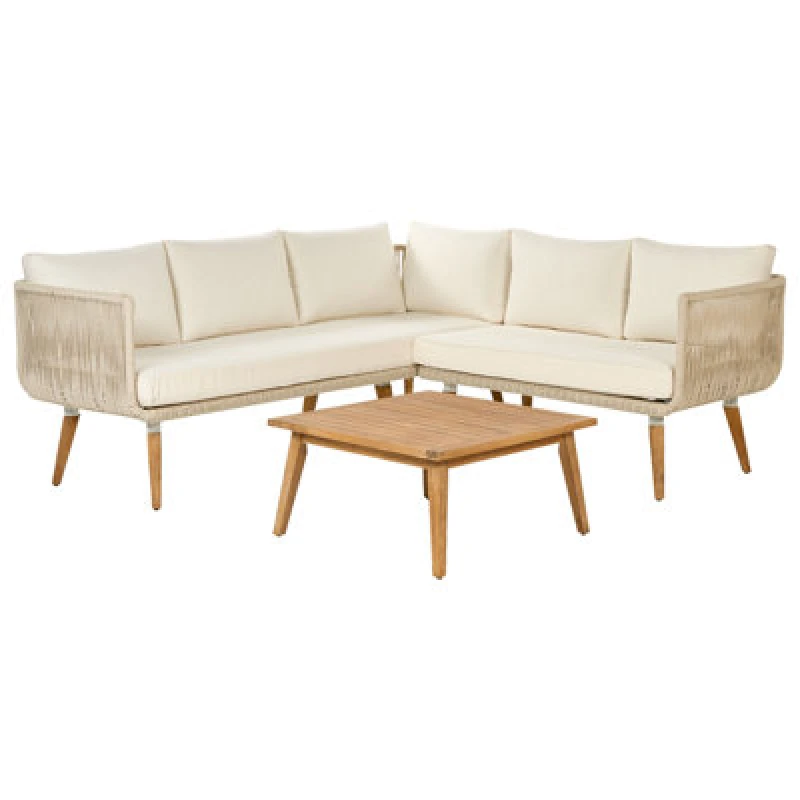 Image of Beliani Garden Corner Sofa With Table 5 Seater Alcamo Left Hand Acacia Wood Light Beige
