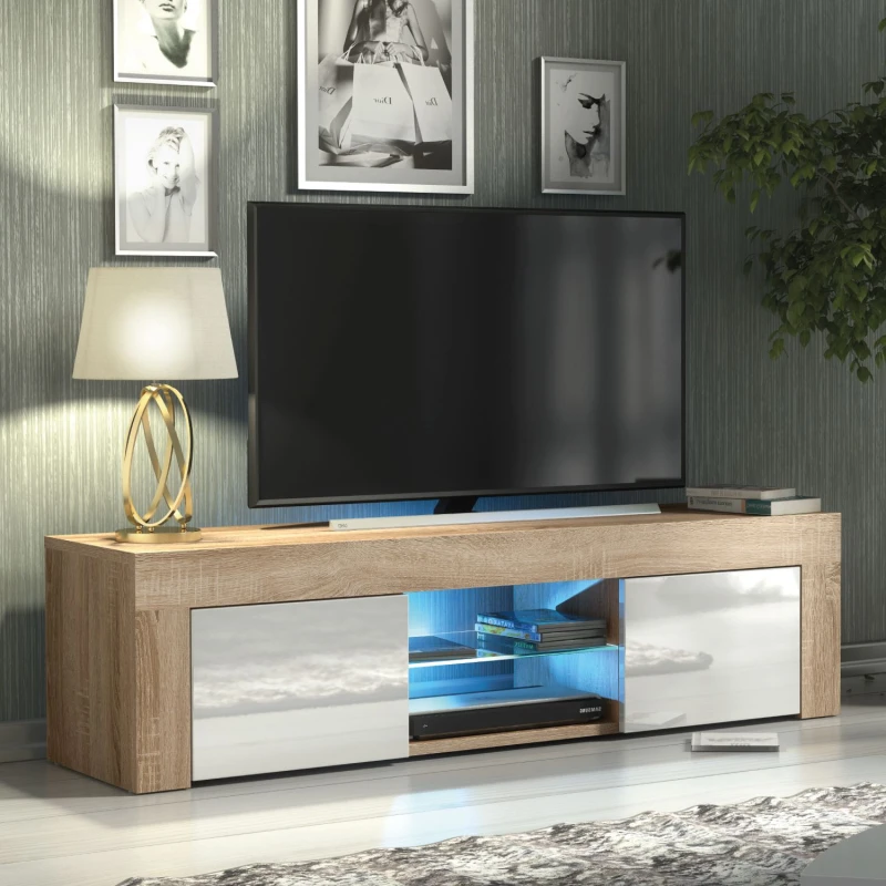 Image of Mex Furniture LTD TV Unit with LED Lights & Gloss Doors / 130cm Light Oak
