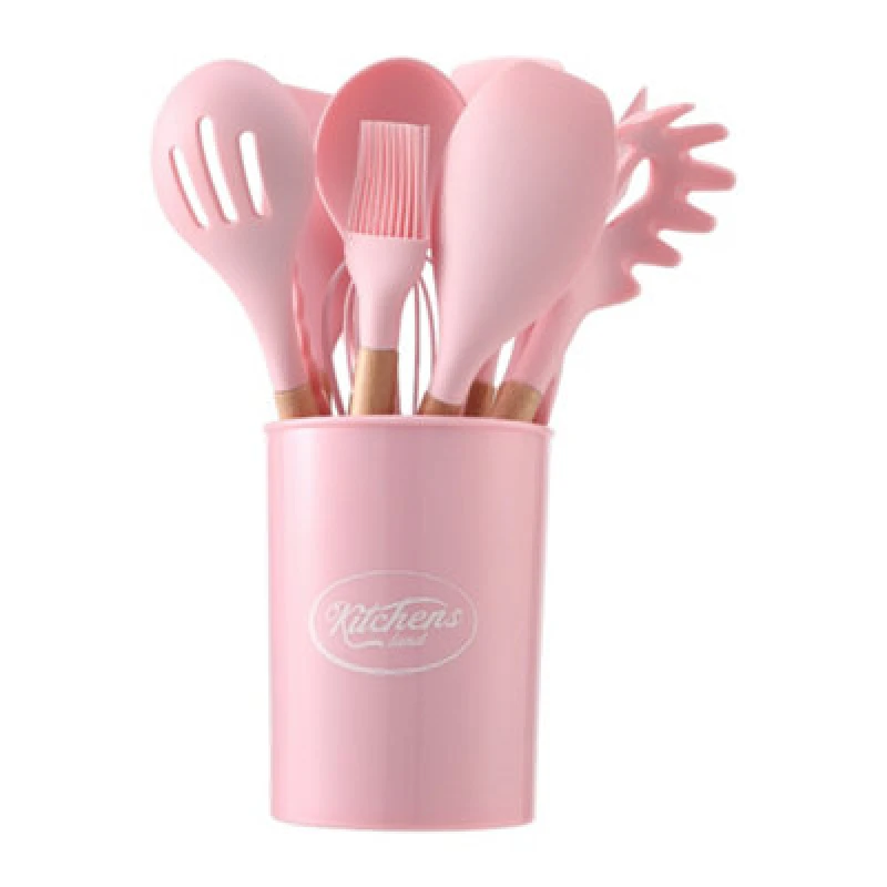 Image of Living And Home Kitchen Utensil Set Of 8 Piece Pink Silicone Wooden Handle Kitchen Utensil Set For Cooking Safe For Non-Stick Cookware