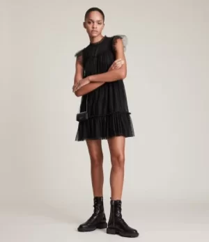 Image of AllSaints Womens Perri Tulle Dress, Black, Size: 12