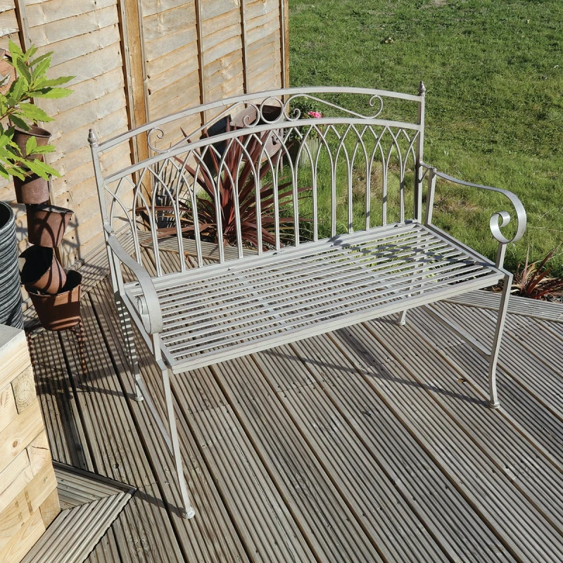 Image of Feminine Wrought Iron Bench - Grey