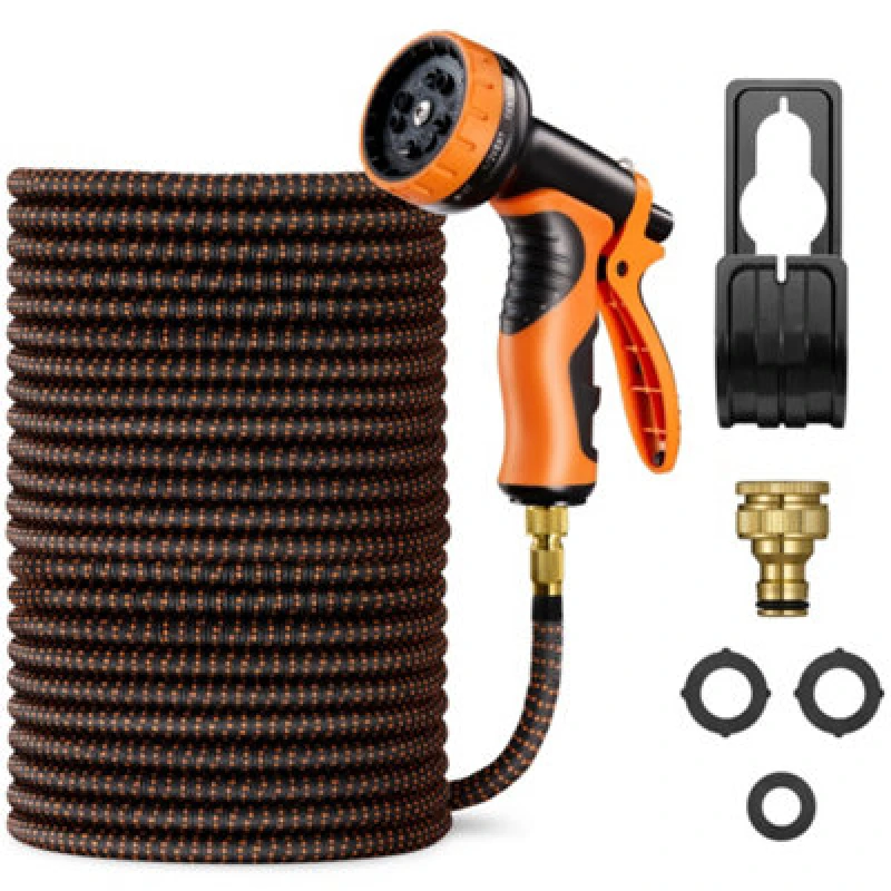 Image of Vonhaus Expandable Garden Hose 100ft With 10-Pattern Spray Nozzle, 2 Brass Fittings, 4-Layer Latex Core, Wall Mounted