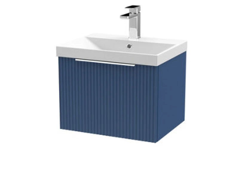 Image of Hudson Reed Fluted Wall Hung 1-Drawer Vanity And Thin-Edge Basin, Contemporary Sink Vanity Unit, Satin Blue