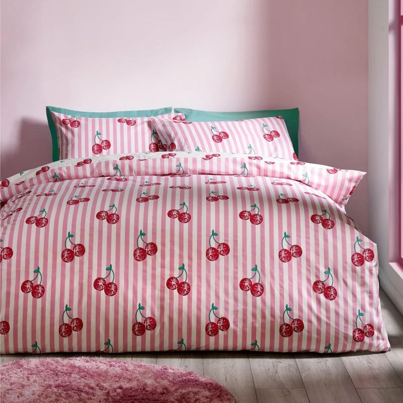 Image of Catherine Lansfield Catherine Lansfield 'Disco Cherries Stripes' Reversible Duvet Cover Set in Pink Size: Single Pink Single Unisex 5057681185958