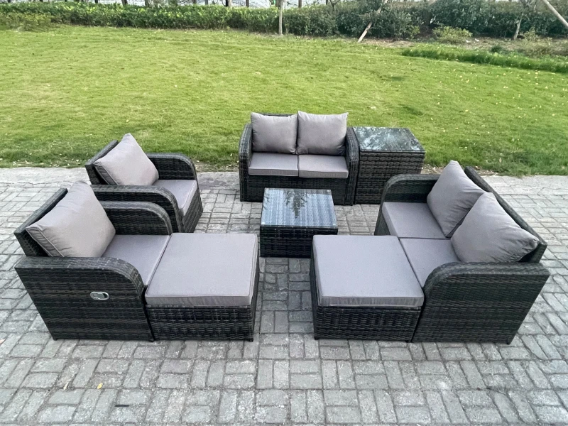 Image of Fimous Garden Furniture Set Rattan Outdoor Lounge Sofa Chair With Tempered Glass Table 2 Big Footstool Side Table Dark Grey Mixed Dark Grey