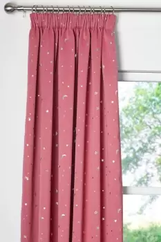 Image of Moon and Stars Lined Thermal Blackout Pencil Pleat Curtains - Size: 66x72" - Pink