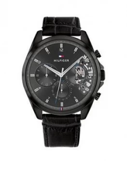 Image of Tommy Hilfiger Black Ip Case, Black Dial And Black Leather Strap Watch