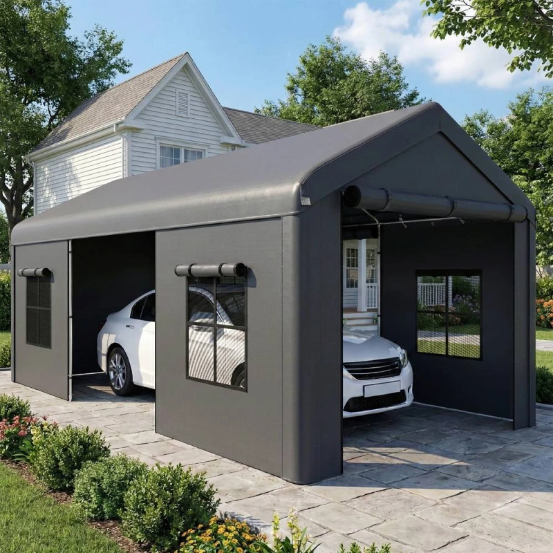 Image of OUTSUNNY 3 x 6m Heavy Duty Carport, Portable Garage with 3 Doors, Dark Grey Size: 6m Dark Grey Unisex 6m