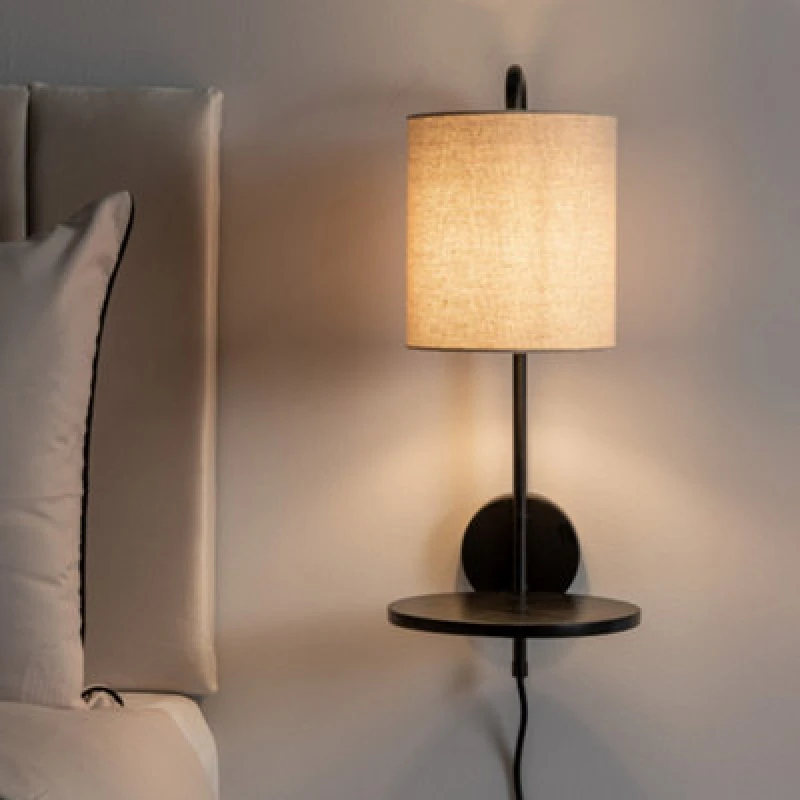 Image of ValueLights ValueLights Ryan Natural Linen Lamp Shade Black Metal Wall with Black Wood Shelf Black One Size Unisex 5016529271710