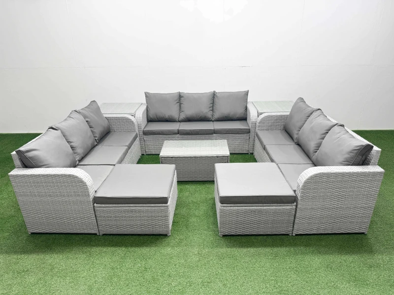 Image of Fimous PE Rattan Lounge Sofa Set 11 Seater Outdoor Garden Furniture Set with Rectangular Coffee Table 3 Seater Sofa 2 Big Footstools 2 Side Table Ligh