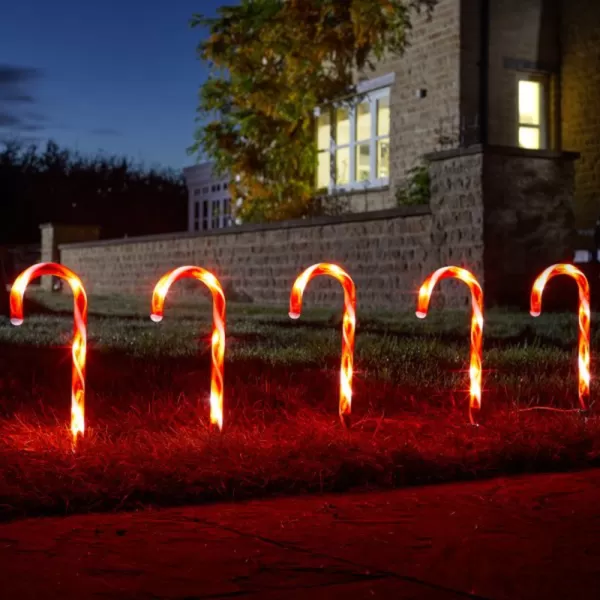Image of Set of 6 Light up Red & White Stripe Christmas Candy Cane Garden Stakes with LEDs