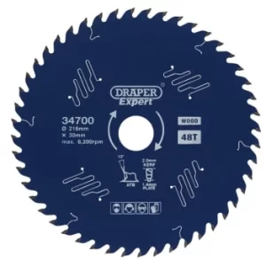 Image of Draper Expert TCT Circular Saw Blade for Wood with PTFE Coating, 216 x 30mm, 48T