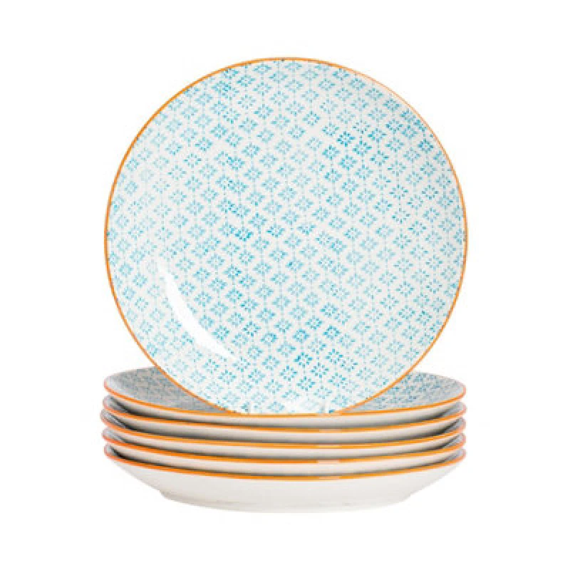 Image of Nicola Spring 6X Hand-Printed Dinner Plates - 25.5Cm - Blue Porcelain Decorative Patterned Dining Dish Plates