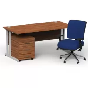 Image of Impulse 1800 x 800 Silver Cant Office Desk Walnut + 3 Dr Mobile Ped & Chiro Med Back Blue W/Arms
