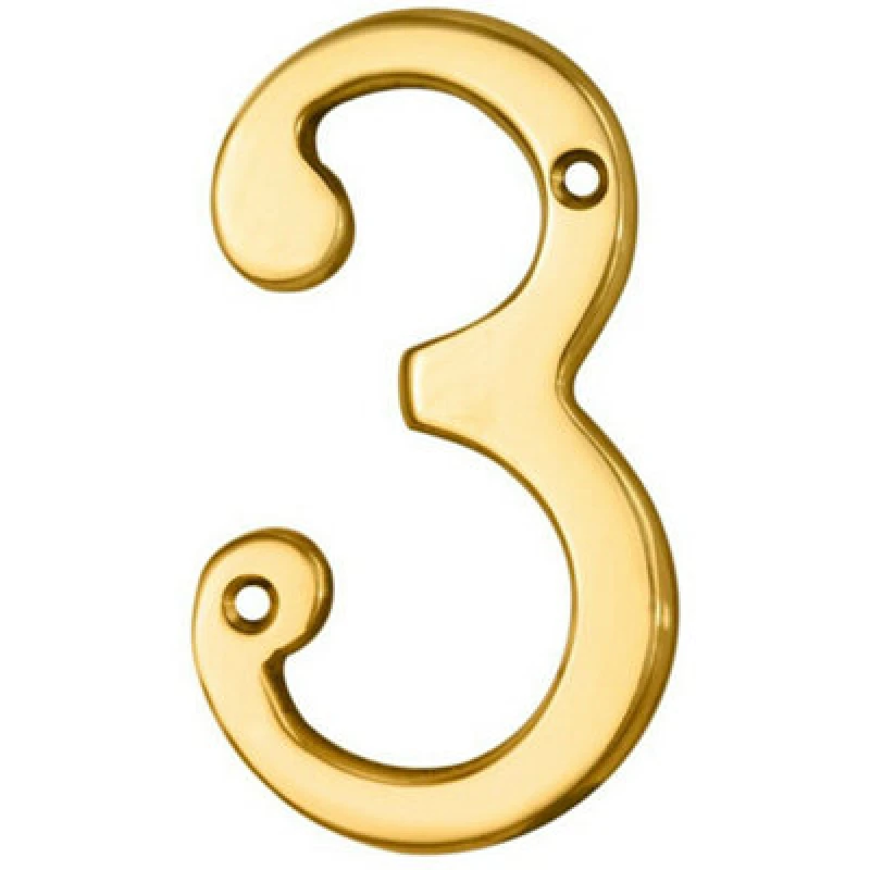 Image of Loops Polished Brass Door Number 3 75mm Height 4mm Depth House Numeral Plaque Metallics