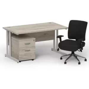 Image of Impulse 1400 x 800 Silver Cant Office Desk Grey Oak + 2 Dr Mobile Ped & Chiro Med Back Black W/Arms