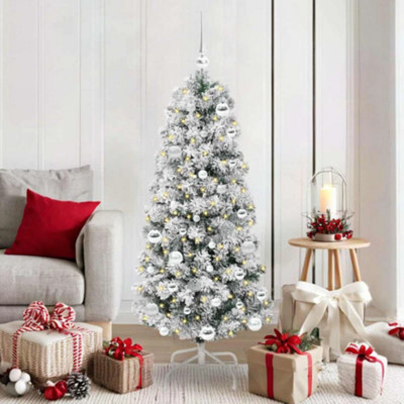 Image of vidaXL Artificial Hinged Christmas Tree with Silver Balls Green and white 150 cm, Green 3395591