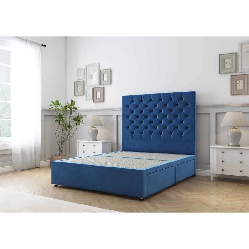 Image of Sloomy Mayfair Navy Plush Divan Bed Base No Drawers With 26" Strutted Headboard 3' Single