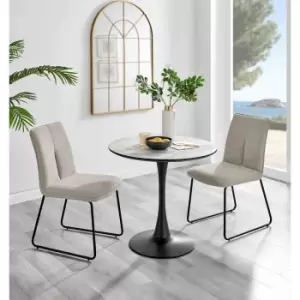 Image of Furniture Box Elina White Marble Effect Round Dining Table and 2 Taupe Halle Chairs