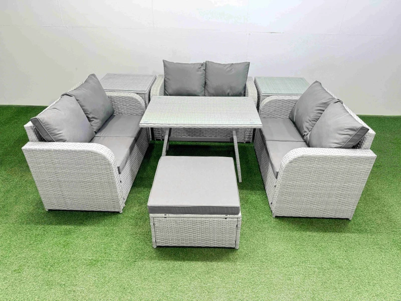 Image of Fimous 7-seater Patio Rectangular Table Love Sofa Set with 2 Side Tables in Light Grey Light Grey Unisex