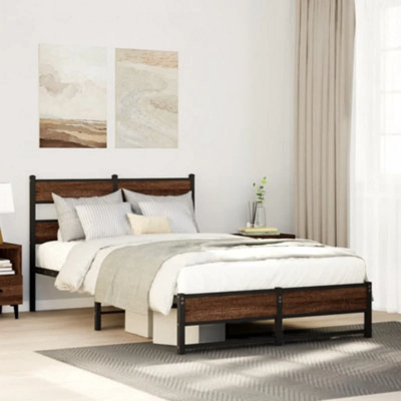 Image of Vidaxl Metal Bed Frame Without Mattress Brown Oak 120X200 Cm