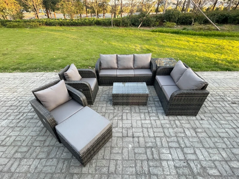 Image of Fimous 8 Seater Rattan Wicker Garden Furniture Conservatory Sofa Set with Rectangular Coffee Table 3 Seater Sofa Love Sofa Big Footstool Dark Grey