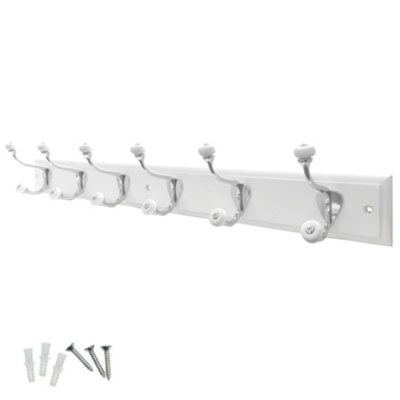 Image of Keypak 6-Hook Wall-Mounted Coat Rack, 68Cm - White Board, Ceramic Tip Coat Hooks