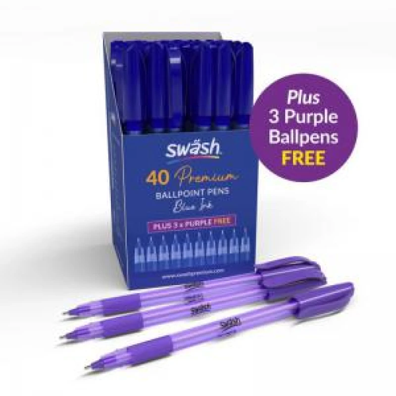 Image of Swash Swash Premium Triangular Medium Tip Ballpoint Pens Blue Plus 3 FREE Purple Ballpoint Pens (Pack 40+3 FREE) - BBT40BU BBT40BU
