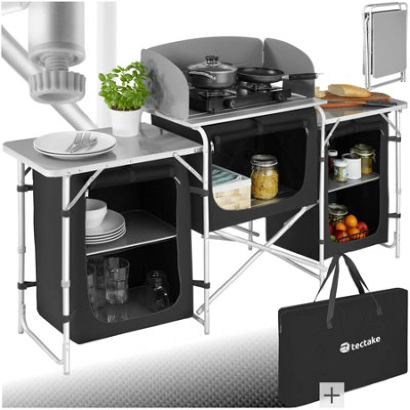 Image of Tectake Camping Kitchen - Foldable With 5 Compartments, Aluminium Frame - Black