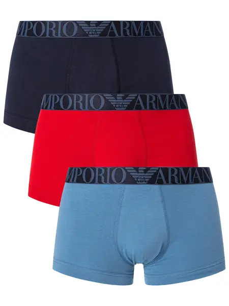 Image of Emporio Armani 3 Pack Organic Cotton Trunks Aviation/Red/Marine L