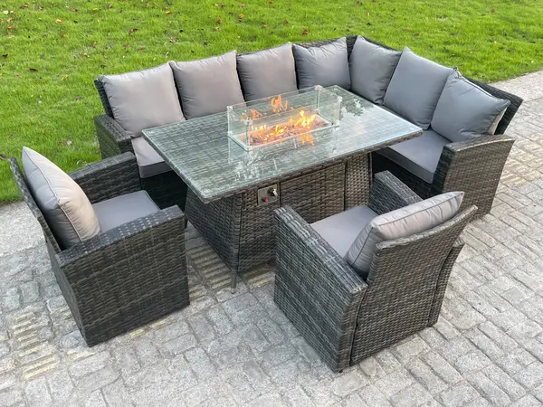 Image of Fimous 8 Seater Outdoor Dark Grey Rattan Lounge Complete Sofa Set with Gas Fire Pit Dining Table