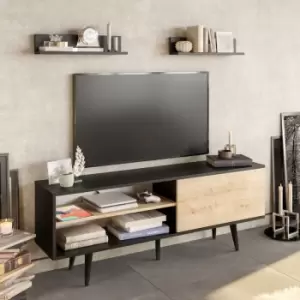 Image of Decorotika Pi 160 Cm Wide TV Stand, TV Unit, TV Cabinet Storage With Open Shelves And Cabinet - Black And Sapphire Oak