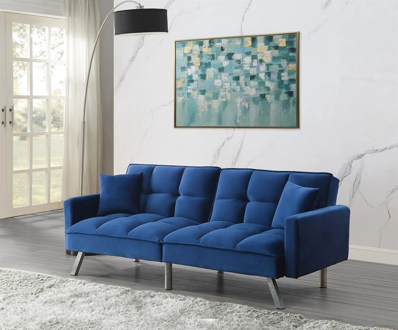 Image of KOSY KOALA Sofa Bed 2 Seater Blue Velvet Click Clack Sofa Settee Recliner Couch with Metal Legs 2 Pillows Blue