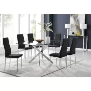 Image of Furniturebox UK - Furniturebox Leonardo 6 Chrome Leg Glass Dining Table and 6 Black Milan Velvet Dining Chairs Diamond Stitch Modern Contemporary