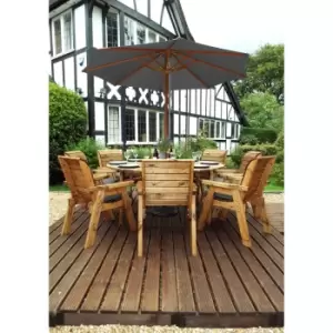 Image of Charles Taylor Eight Seater Circular Table Set with Grey Seat/Bench Cushions, Parasol and Base