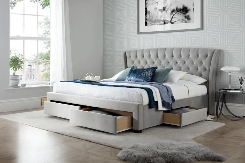 Image of Bedmaster Bedmaster Newton Velvet 4 Drawer Storage Bed And Memory Maestro Memory Foam Mattress in Grey Size: Double Grey Double Unisex 9505528799159