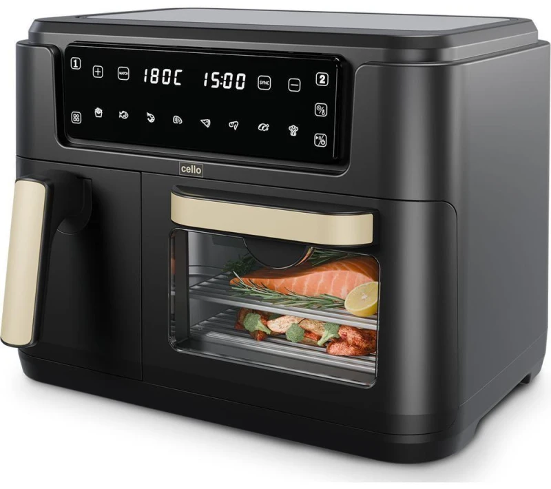 Image of Cello Dual Zone Digital 11 litre Air Fryer, 2 Drawers, 3.5L and 7.5L Oven, Touch Control, 8 Portions, Non-Stick Black