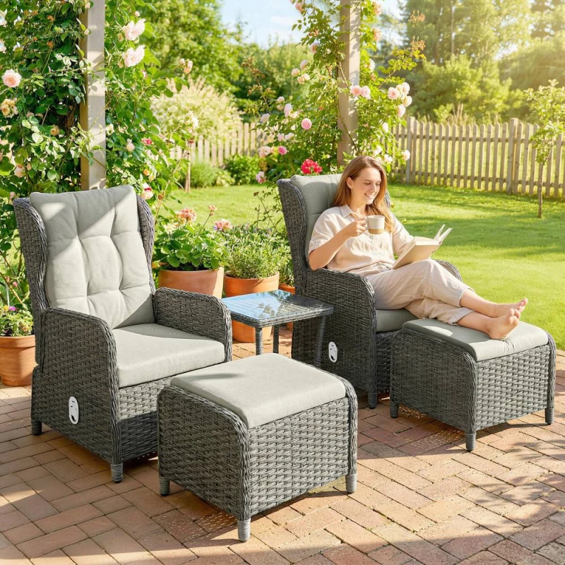 Image of OUTSUNNY Recliner Rattan Garden Furniture w/ Two-tier Table in Cream Cream Unisex
